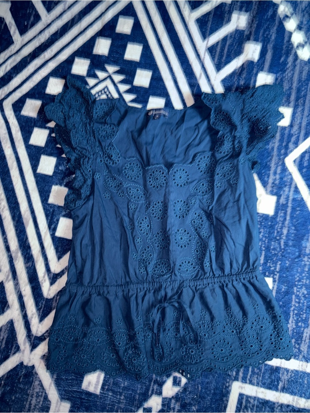 Democracy Navy Blue Eyelet Peplum Sleeve Top
